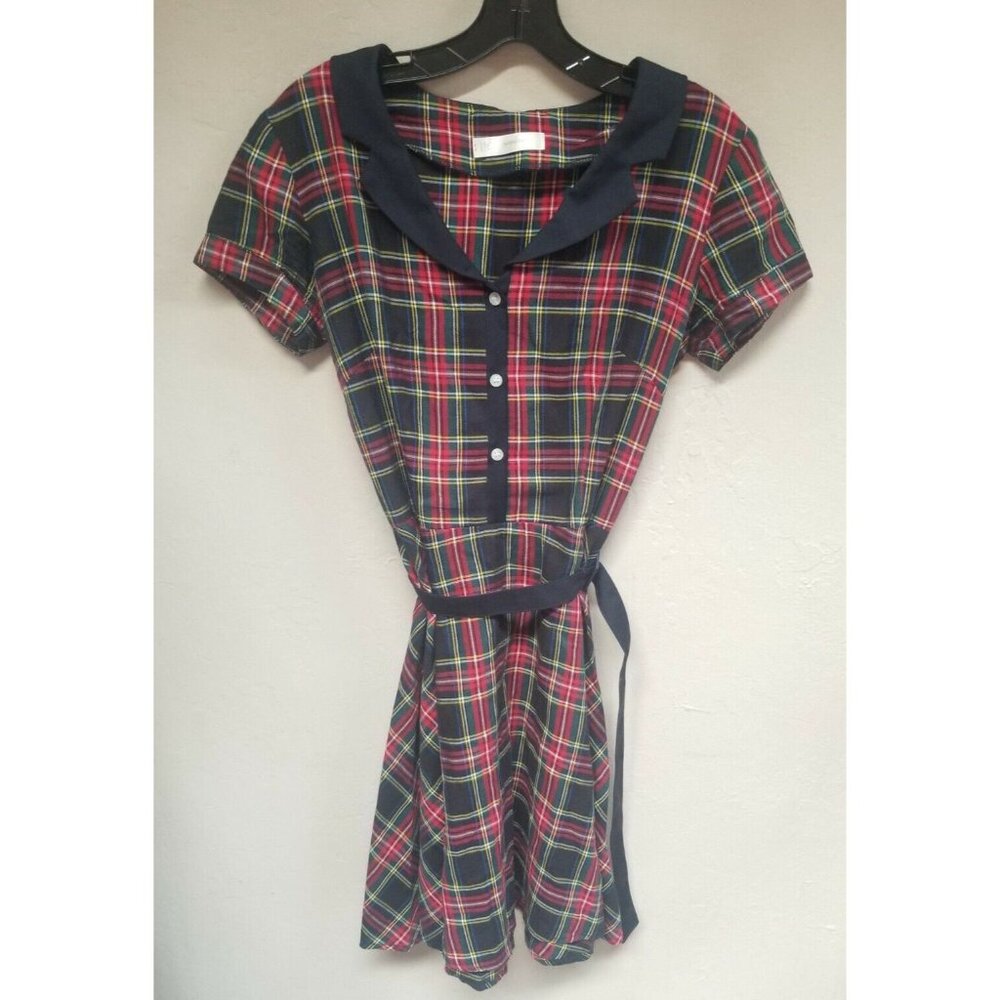 Betina Lou Red Tartan Plaid Flannel Shirt Dress Size Medium Belted Short Sleeve